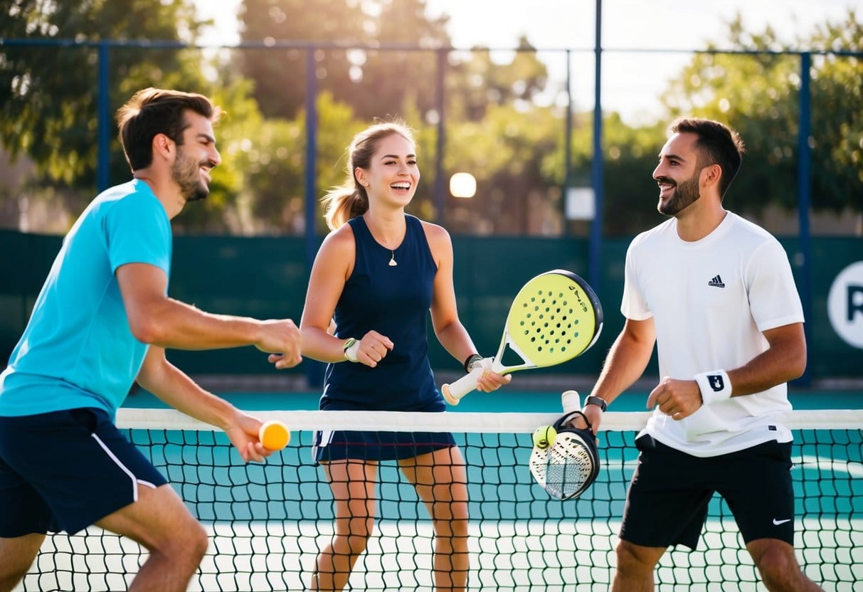 En gruppe venner spiller padeltennis på en solrig udendørs bane griner og nyder spillet